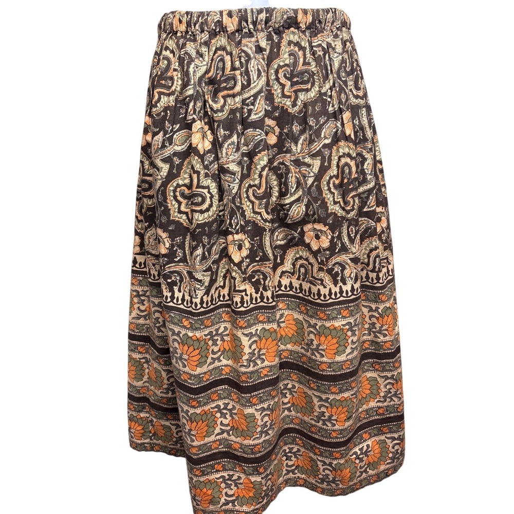 Womens Brown Floral Paisley Cotton Maxi Skirt Sz S Elastic Boho-Chic Cottagecore